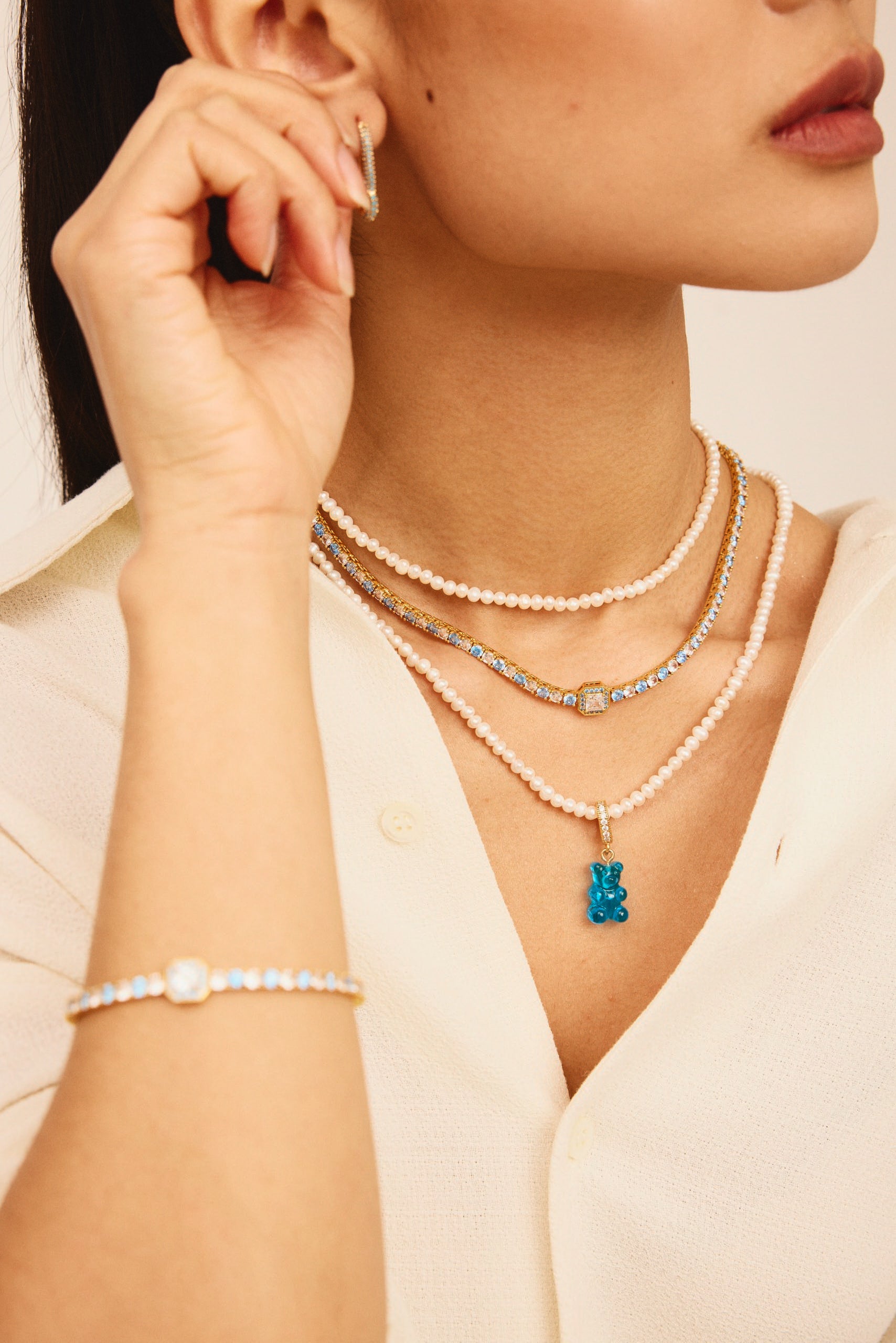 Crystal Haze サックス 水色 ストーン 公爵夫人 チェーン　ゴールド 公爵夫人链– Crystal Haze Jewelry